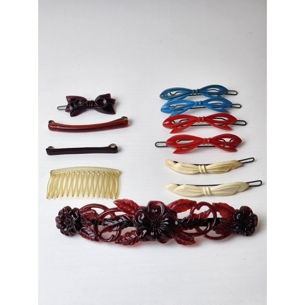 Vintage Hair Barrette Set Floral Carved Bow Clips Side Comb Retro Lot 10pc